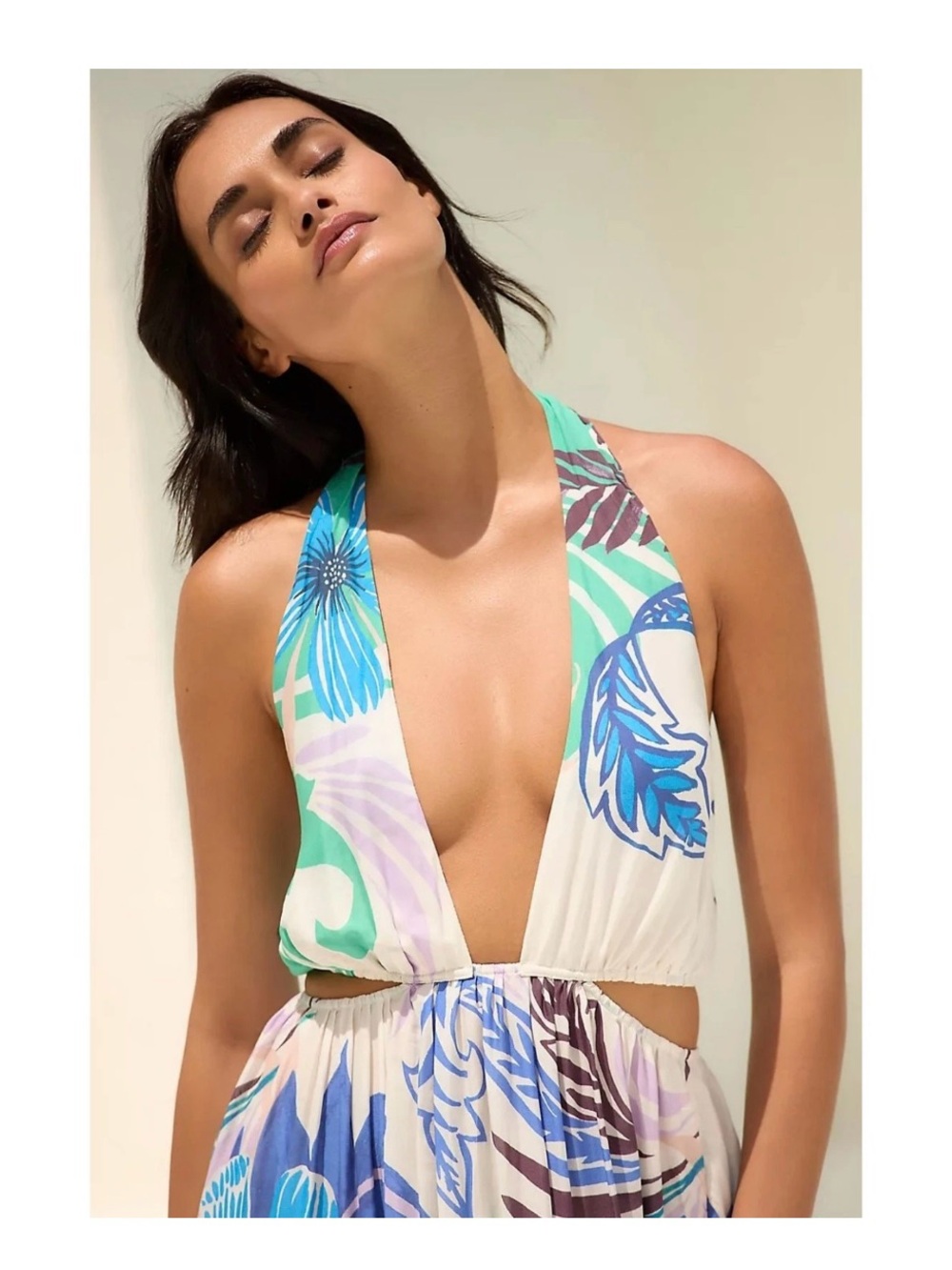 Anthropologie Halter Plunge Maxi Dress in Blue, Green & Lavender Size Medium - Picture 4 of 8